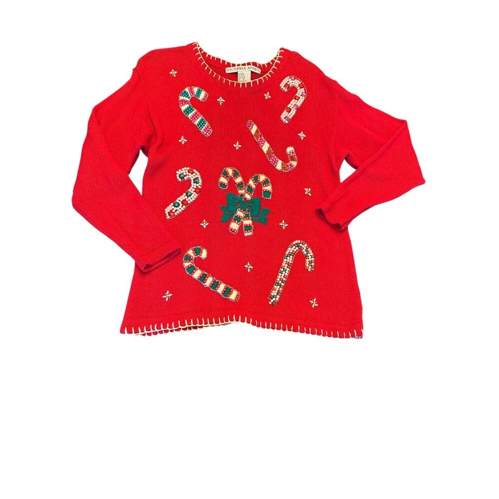 Vintage Victoria Jones Red Christmas Sweater With Candy Cane Embellishments - Si